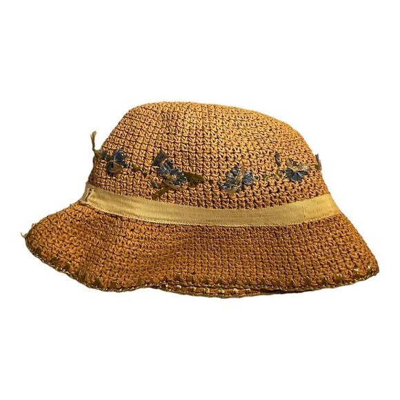Women’s Beige Woven Paper Hat with Light Blue Flowers One Size Fits Most 12x8in - Picture 8 of 16